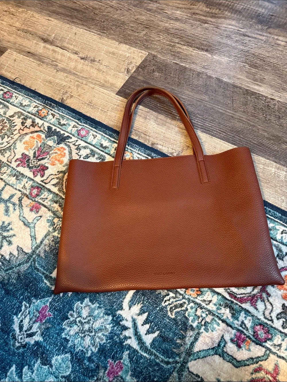 Vince Camuto Leather Tote Bag with Black Stripe - Brown